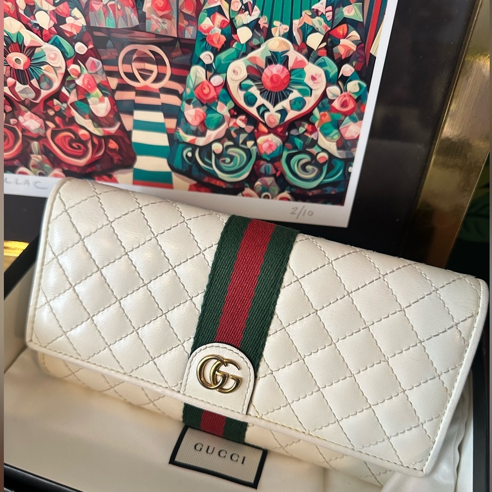 💃 GUCCI White Quilted Marmont GG Sherry Line Web Continental Wallet